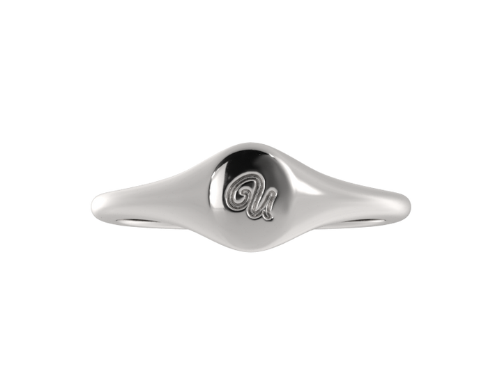 Minimalist ladies’ signet ring with custom script initial in solid gold or silver. Dainty, heirloom-quality personalized jewelry for women.