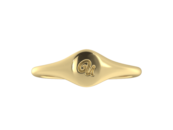 Minimalist ladies’ signet ring with custom script initial in solid 14K yellow gold. Dainty, heirloom-quality personalized jewelry for women.