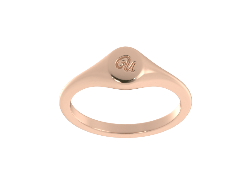 Minimalist ladies’ signet ring with custom script initial in solid 14K rose gold. Dainty, heirloom-quality personalized jewelry for women.