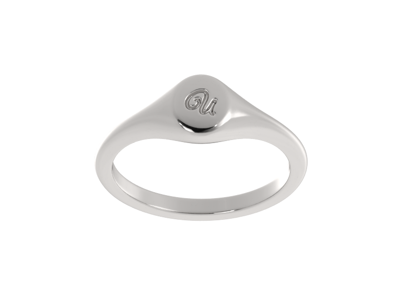 Minimalist ladies’ signet ring with custom script initial in solid gold or silver. Dainty, heirloom-quality personalized jewelry for women.