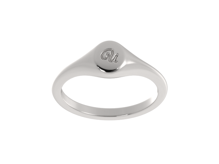 Minimalist ladies’ signet ring with custom script initial in solid gold or silver. Dainty, heirloom-quality personalized jewelry for women.