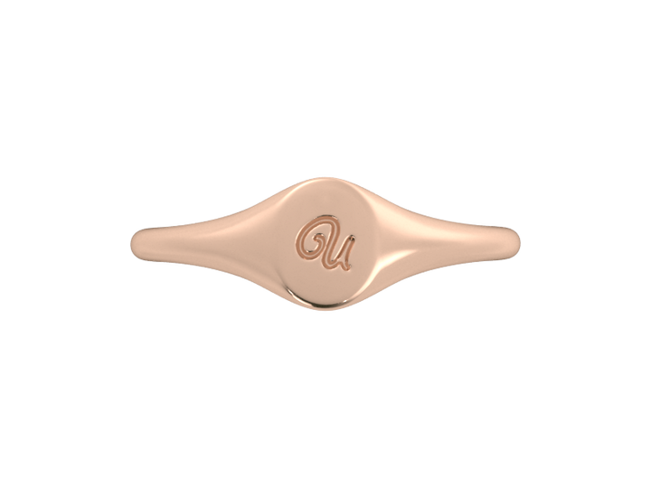 Minimalist ladies’ signet ring with custom script initial in solid 14K rose gold. Dainty, heirloom-quality personalized jewelry for women.
