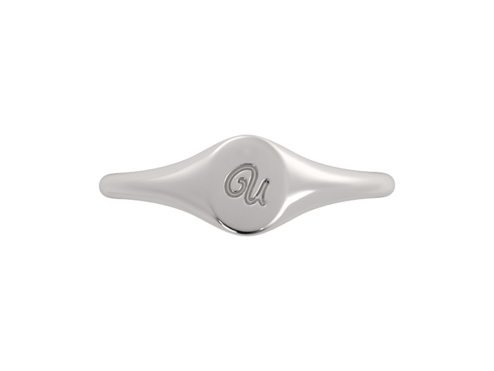 Minimalist ladies’ signet ring with custom script initial in solid gold or silver. Dainty, heirloom-quality personalized jewelry for women.