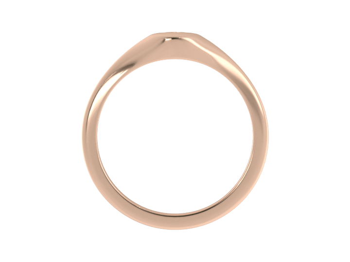 Minimalist ladies’ signet ring with custom script initial in solid 14K rose gold. Dainty, heirloom-quality personalized jewelry for women.