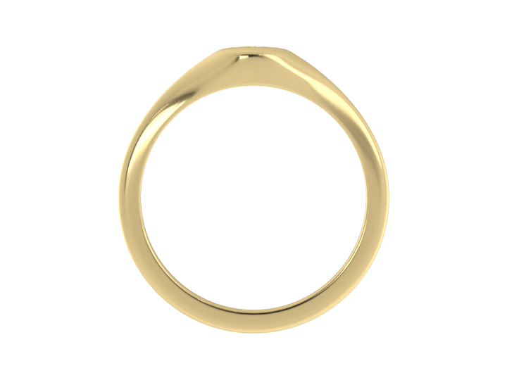 Minimalist ladies’ signet ring with custom script initial in solid 14K yellow gold. Dainty, heirloom-quality personalized jewelry for women.