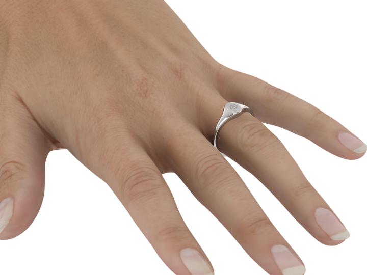 Minimalist ladies’ signet ring with custom script initial in solid gold or silver. Dainty, heirloom-quality personalized jewelry for women.