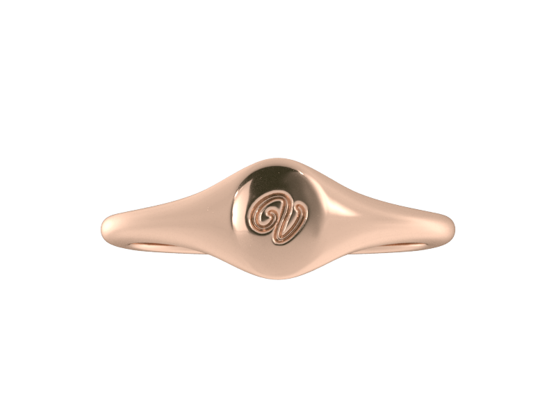 Minimalist ladies’ signet ring with custom script initial in solid 14K rose gold. Dainty, heirloom-quality personalized jewelry for women.