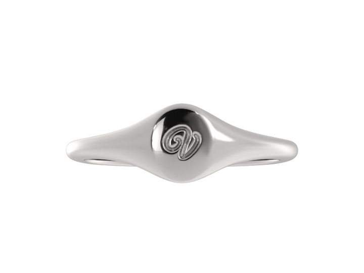 Minimalist ladies’ signet ring with custom script initial in solid gold or silver. Dainty, heirloom-quality personalized jewelry for women.