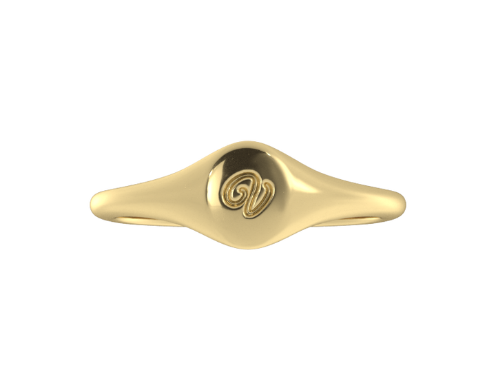 Minimalist ladies’ signet ring with custom script initial in solid 14K yellow gold. Dainty, heirloom-quality personalized jewelry for women.
