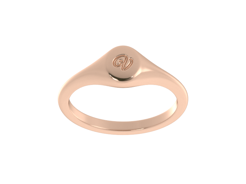 Minimalist ladies’ signet ring with custom script initial in solid 14K rose gold. Dainty, heirloom-quality personalized jewelry for women.