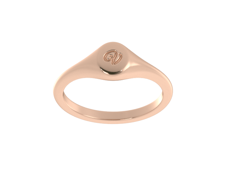 Minimalist ladies’ signet ring with custom script initial in solid 14K rose gold. Dainty, heirloom-quality personalized jewelry for women.