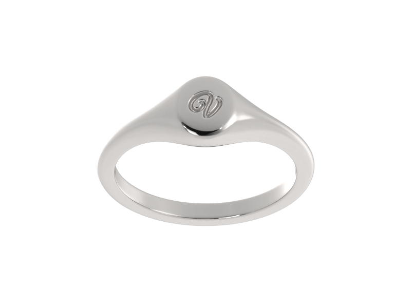 Minimalist ladies’ signet ring with custom script initial in solid gold or silver. Dainty, heirloom-quality personalized jewelry for women.