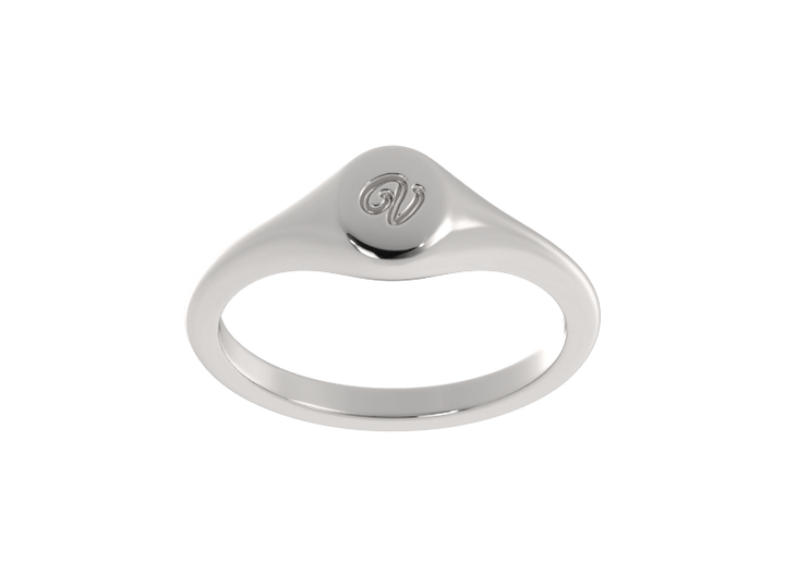 Minimalist ladies’ signet ring with custom script initial in solid gold or silver. Dainty, heirloom-quality personalized jewelry for women.
