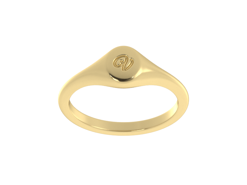 Minimalist ladies’ signet ring with custom script initial in solid 14K yellow gold. Dainty, heirloom-quality personalized jewelry for women.