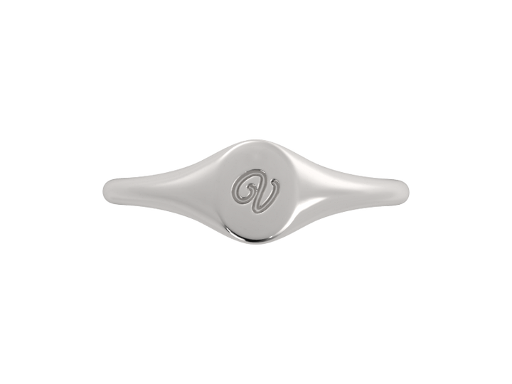 Minimalist ladies’ signet ring with custom script initial in solid gold or silver. Dainty, heirloom-quality personalized jewelry for women.