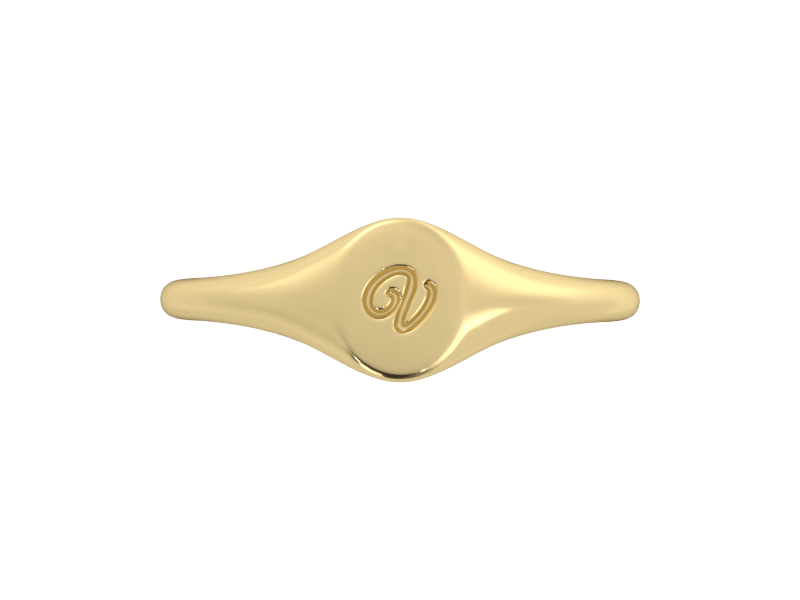 Minimalist ladies’ signet ring with custom script initial in solid 14K yellow gold. Dainty, heirloom-quality personalized jewelry for women.
