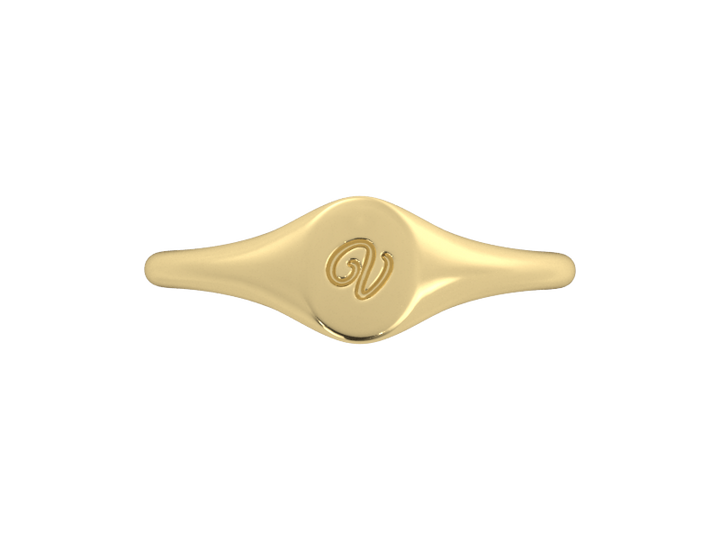 Minimalist ladies’ signet ring with custom script initial in solid 14K yellow gold. Dainty, heirloom-quality personalized jewelry for women.