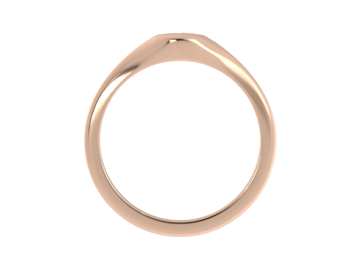 Minimalist ladies’ signet ring with custom script initial in solid 14K rose gold. Dainty, heirloom-quality personalized jewelry for women.