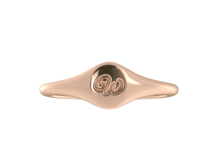 Minimalist ladies’ signet ring with custom script initial in solid 14K rose gold. Dainty, heirloom-quality personalized jewelry for women.