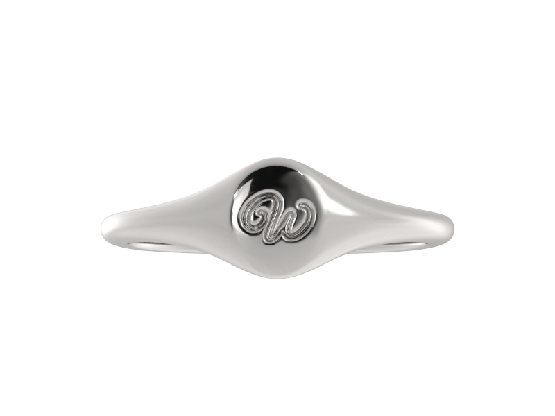 Minimalist ladies’ signet ring with custom script initial in solid gold or silver. Dainty, heirloom-quality personalized jewelry for women.