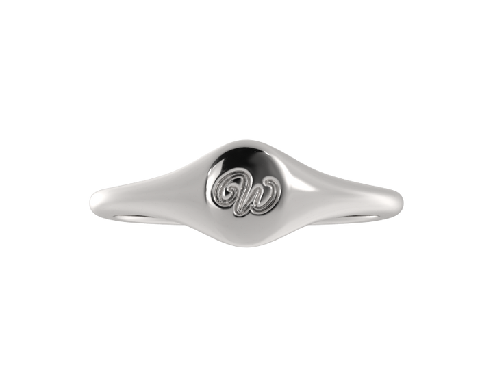 Minimalist ladies’ signet ring with custom script initial in solid gold or silver. Dainty, heirloom-quality personalized jewelry for women.