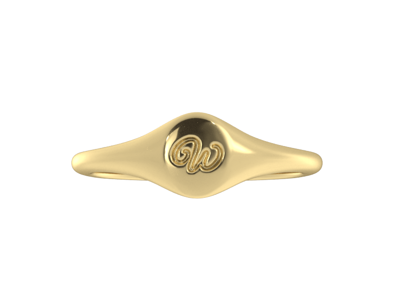 Minimalist ladies’ signet ring with custom script initial in solid 14K yellow gold. Dainty, heirloom-quality personalized jewelry for women.