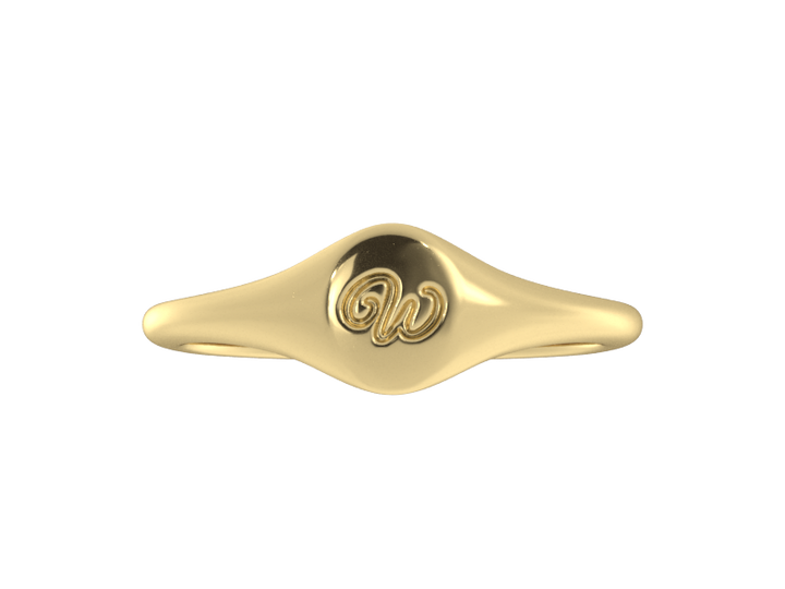Minimalist ladies’ signet ring with custom script initial in solid 14K yellow gold. Dainty, heirloom-quality personalized jewelry for women.