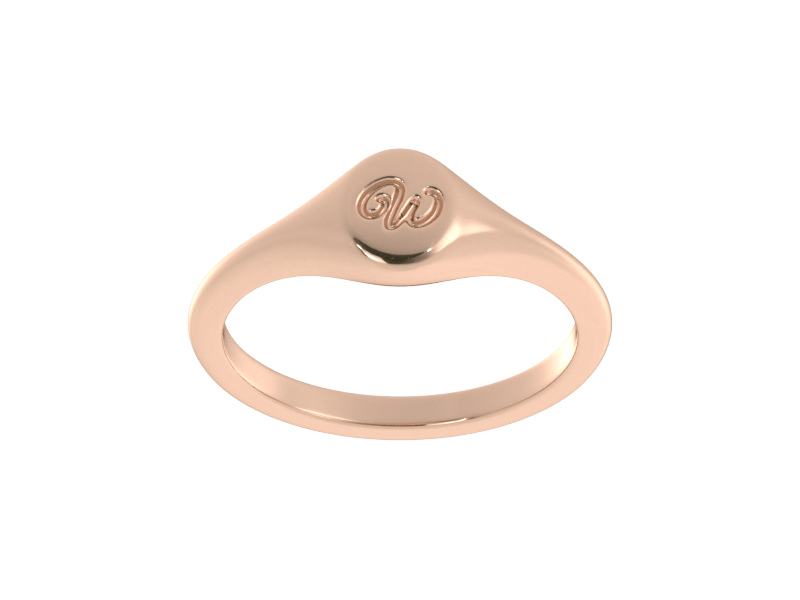 Minimalist ladies’ signet ring with custom script initial in solid 14K rose gold. Dainty, heirloom-quality personalized jewelry for women.