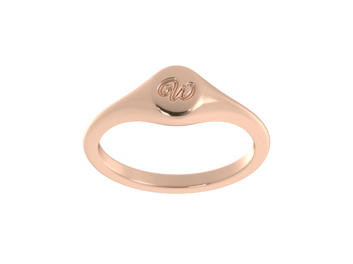 Minimalist ladies’ signet ring with custom script initial in solid 14K rose gold. Dainty, heirloom-quality personalized jewelry for women.