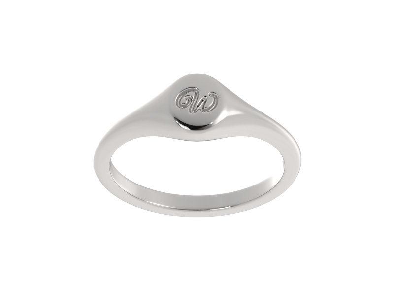 Minimalist ladies’ signet ring with custom script initial in solid gold or silver. Dainty, heirloom-quality personalized jewelry for women.