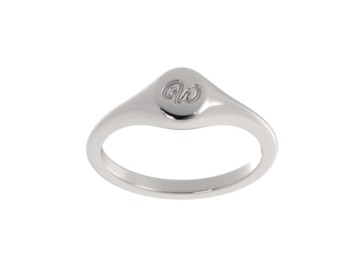 Minimalist ladies’ signet ring with custom script initial in solid gold or silver. Dainty, heirloom-quality personalized jewelry for women.
