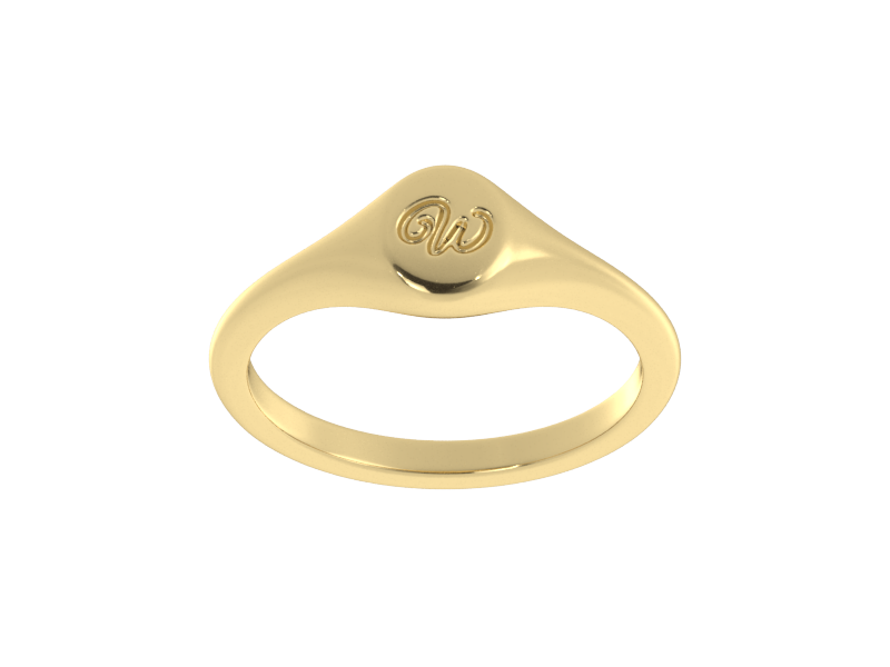Minimalist ladies’ signet ring with custom script initial in solid 14K yellow gold. Dainty, heirloom-quality personalized jewelry for women.