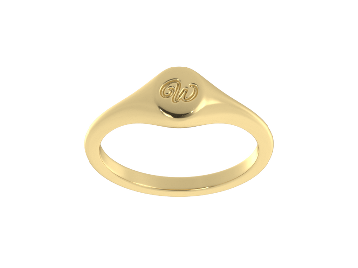 Minimalist ladies’ signet ring with custom script initial in solid 14K yellow gold. Dainty, heirloom-quality personalized jewelry for women.