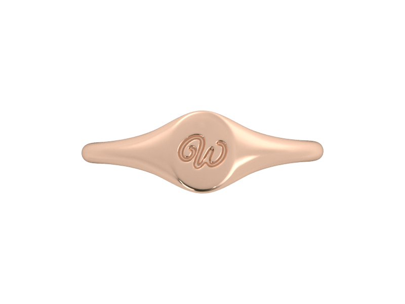 Minimalist ladies’ signet ring with custom script initial in solid 14K rose gold. Dainty, heirloom-quality personalized jewelry for women.