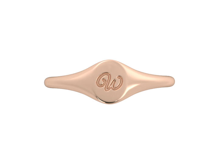 Minimalist ladies’ signet ring with custom script initial in solid 14K rose gold. Dainty, heirloom-quality personalized jewelry for women.