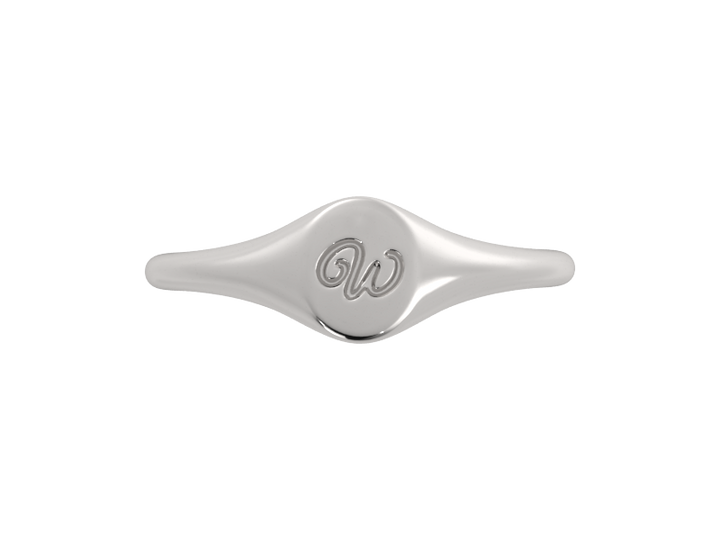 Minimalist ladies’ signet ring with custom script initial in solid gold or silver. Dainty, heirloom-quality personalized jewelry for women.