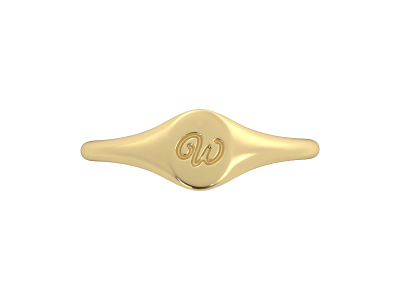 Minimalist ladies’ signet ring with custom script initial in solid 14K yellow gold. Dainty, heirloom-quality personalized jewelry for women.