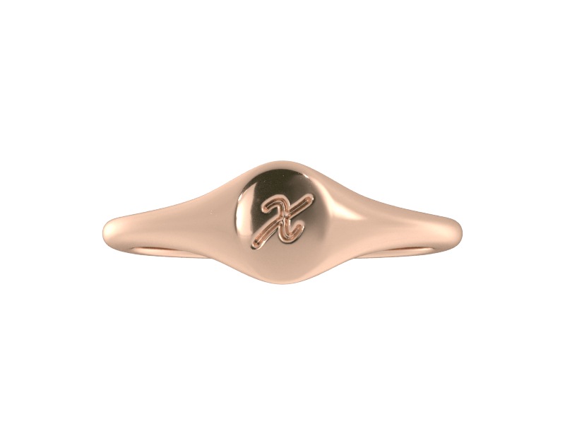 Minimalist ladies’ signet ring with custom script initial in solid 14K rose gold. Dainty, heirloom-quality personalized jewelry for women.