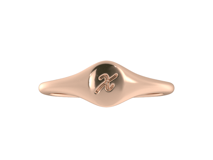 Minimalist ladies’ signet ring with custom script initial in solid 14K rose gold. Dainty, heirloom-quality personalized jewelry for women.