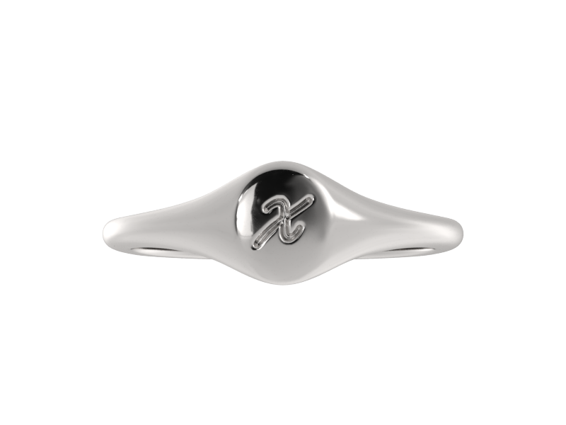 Minimalist ladies’ signet ring with custom script initial in solid gold or silver. Dainty, heirloom-quality personalized jewelry for women.