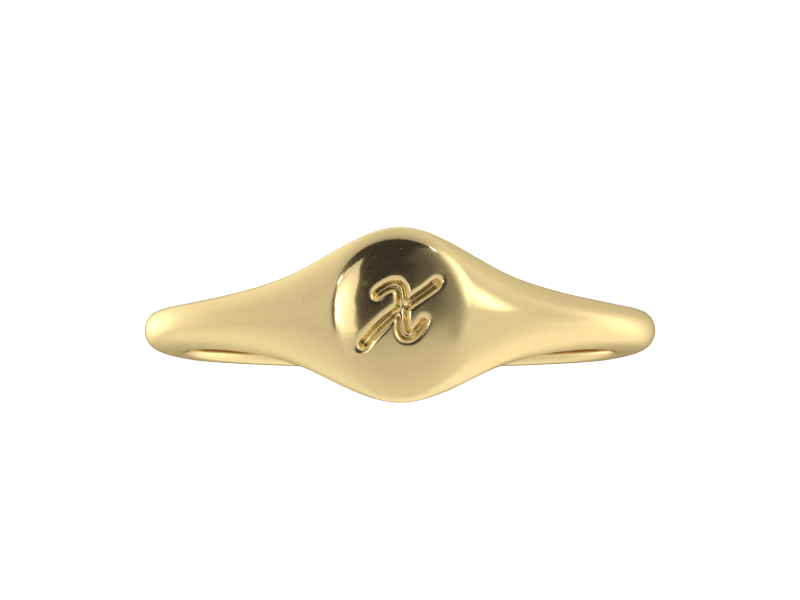 Minimalist ladies’ signet ring with custom script initial in solid 14K yellow gold. Dainty, heirloom-quality personalized jewelry for women.