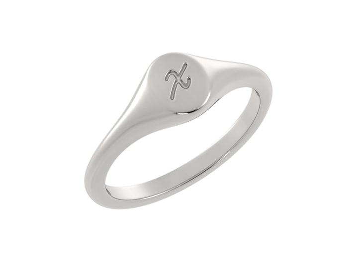 Minimalist ladies’ signet ring with custom script initial in solid gold or silver. Dainty, heirloom-quality personalized jewelry for women.