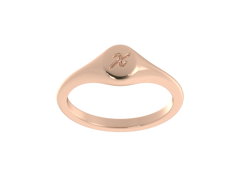 Minimalist ladies’ signet ring with custom script initial in solid 14K rose gold. Dainty, heirloom-quality personalized jewelry for women.