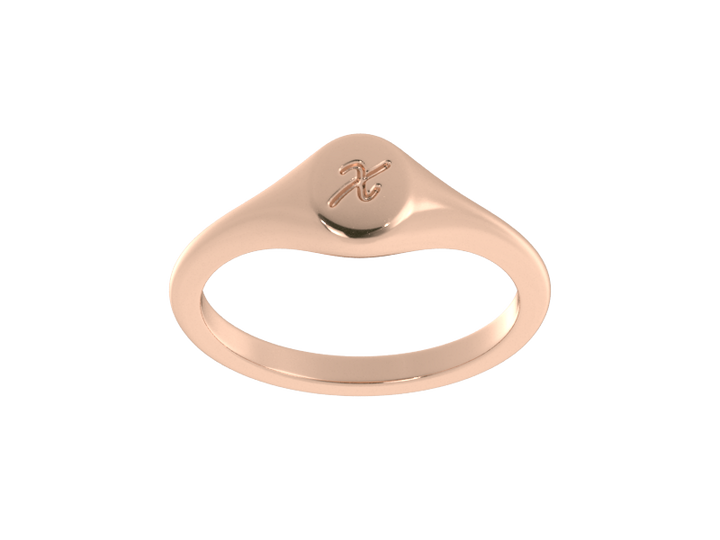 Minimalist ladies’ signet ring with custom script initial in solid 14K rose gold. Dainty, heirloom-quality personalized jewelry for women.