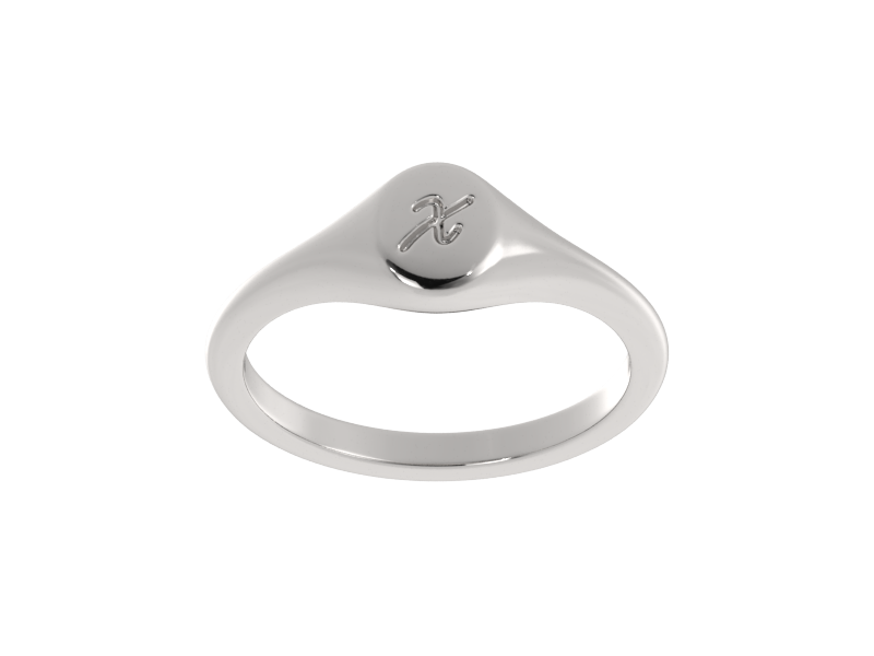 Minimalist ladies’ signet ring with custom script initial in solid gold or silver. Dainty, heirloom-quality personalized jewelry for women.