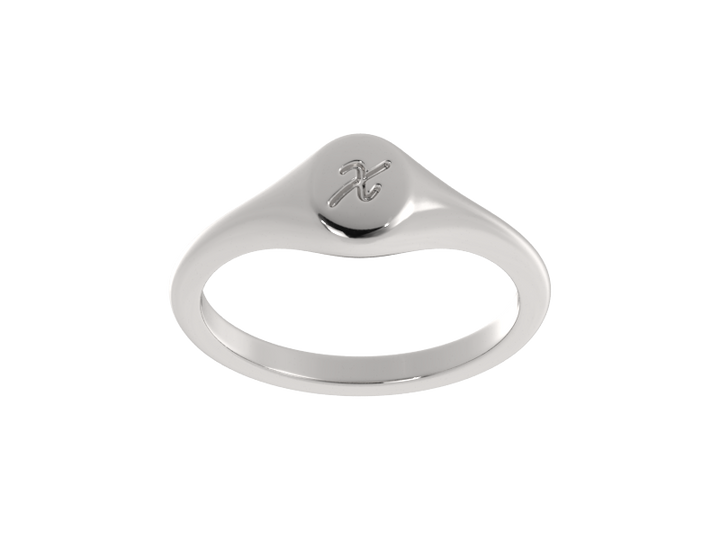 Minimalist ladies’ signet ring with custom script initial in solid gold or silver. Dainty, heirloom-quality personalized jewelry for women.
