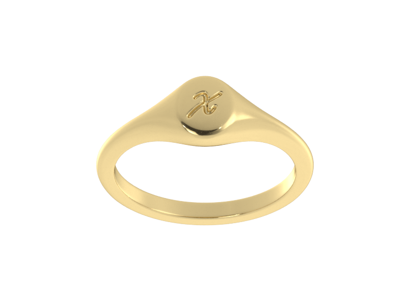 Minimalist ladies’ signet ring with custom script initial in solid 14K yellow gold. Dainty, heirloom-quality personalized jewelry for women.