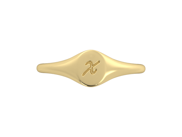Minimalist ladies’ signet ring with custom script initial in solid 14K yellow gold. Dainty, heirloom-quality personalized jewelry for women.