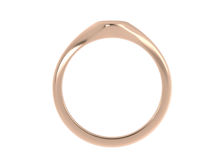 Minimalist ladies’ signet ring with custom script initial in solid 14K rose gold. Dainty, heirloom-quality personalized jewelry for women.