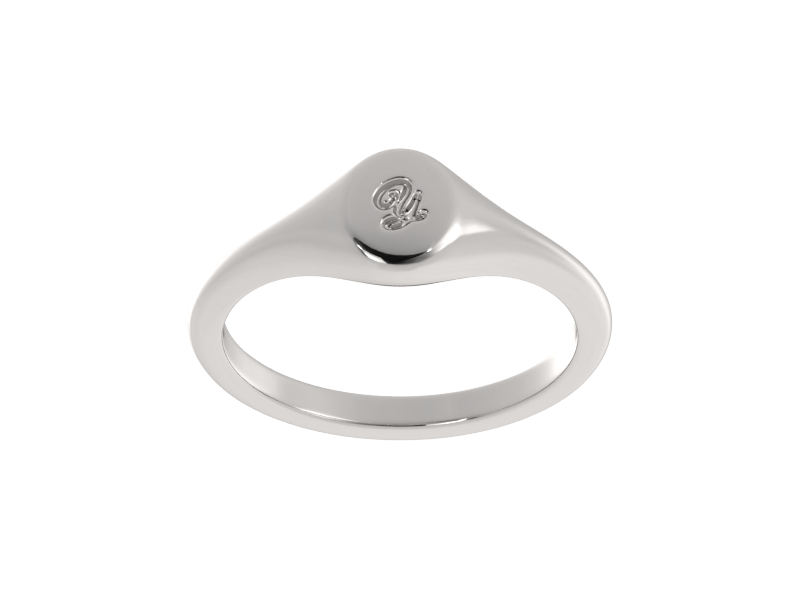 Minimalist ladies’ signet ring with custom script initial in solid gold or silver. Dainty, heirloom-quality personalized jewelry for women.